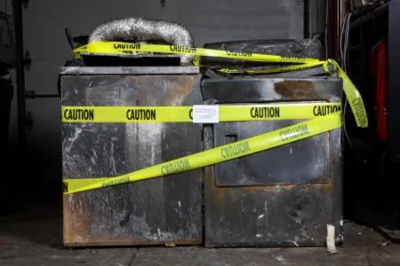 Fire-damaged washer and dryer taped off after a dryer vent fire